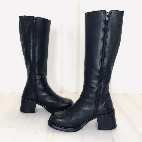 VINTAGE KNEE HIGH BLACK THICK LEATHER CHUNKY PLATFORM HEELS BOOTS SIDE ZIPPER - Picture 7 of 14